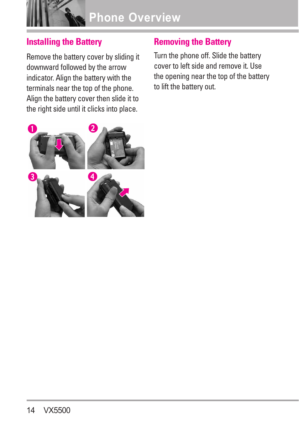 Installing the battery, Removing the battery, Phone overview | LG VX5500 User Manual | Page 16 / 252