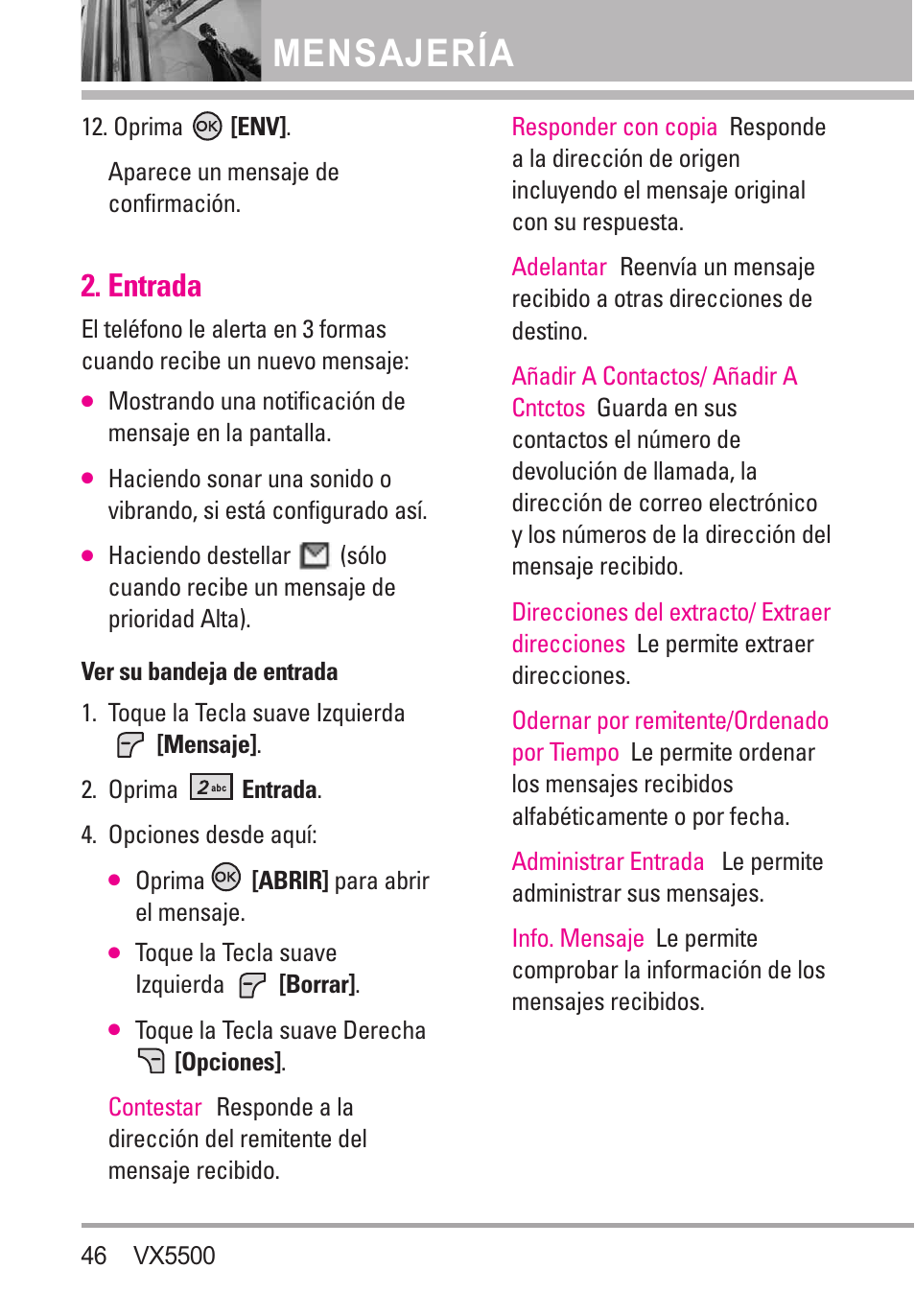 Entrada, Mensajería | LG VX5500 User Manual | Page 165 / 252