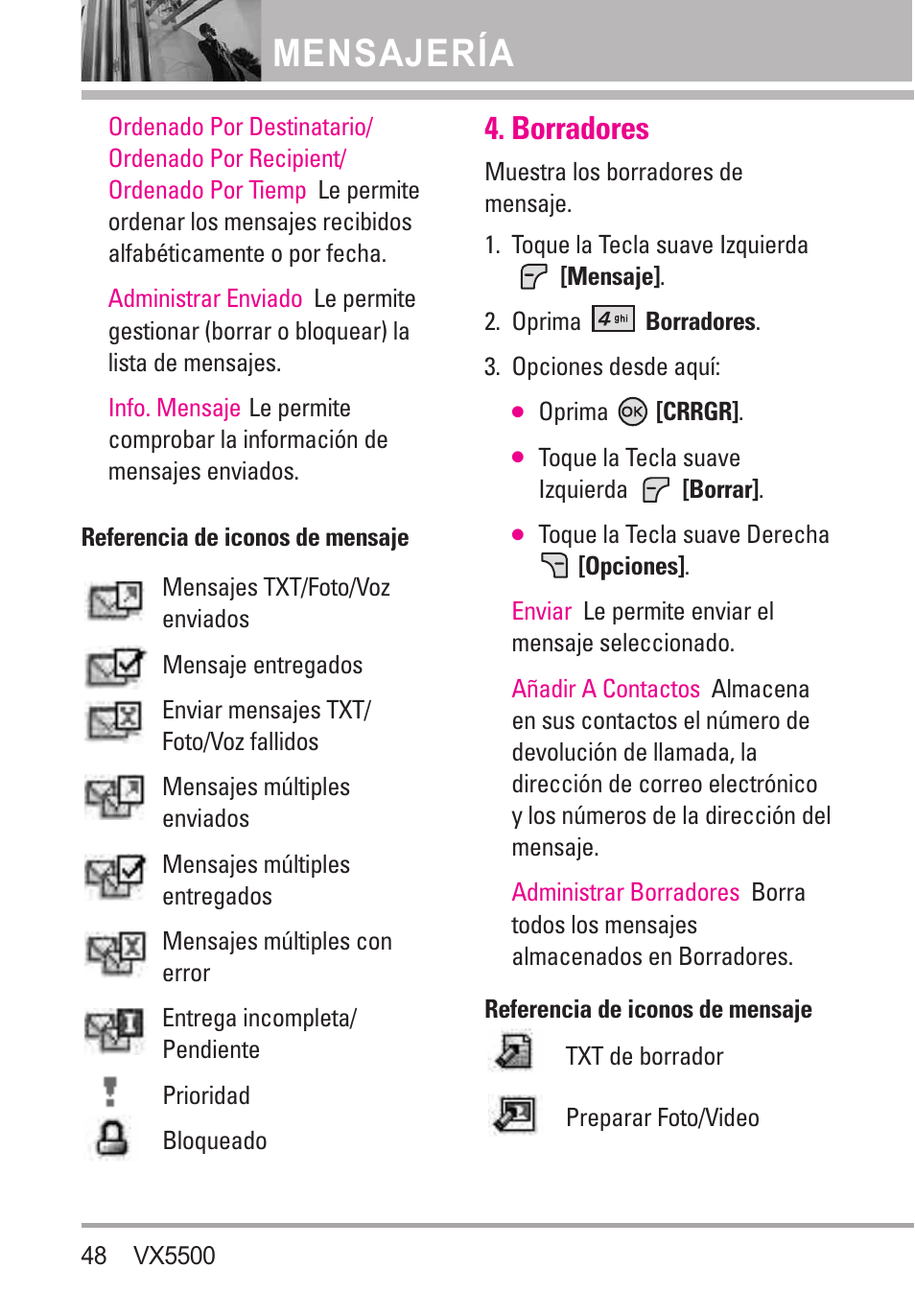 Borradores, Mensajería | LG VX5500 User Manual | Page 167 / 252