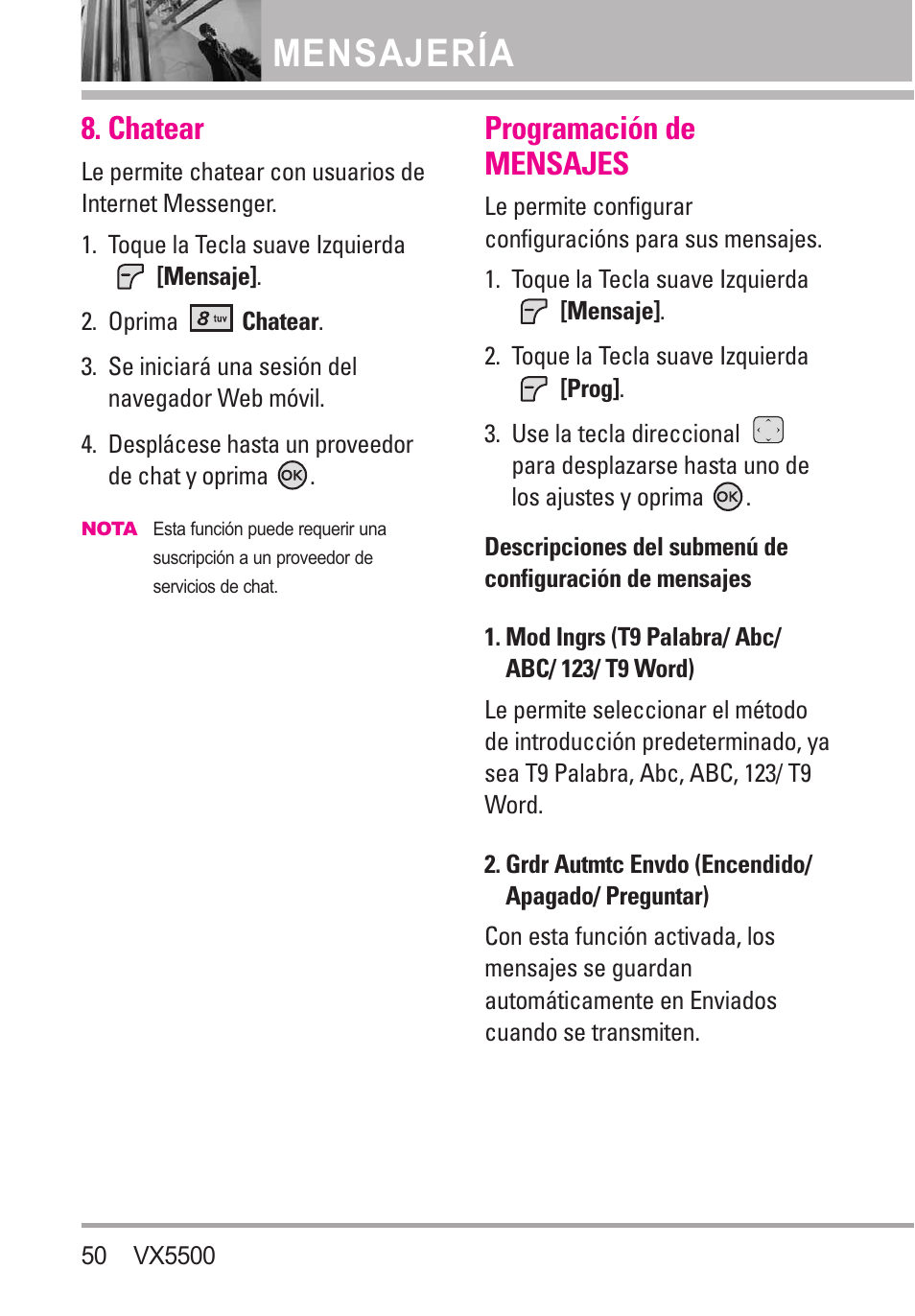 Chatear, Programación de mensajes, Mod ingrs (t9 palabra/ a | Grdr autmtc envdo (encen, Mensajería | LG VX5500 User Manual | Page 169 / 252