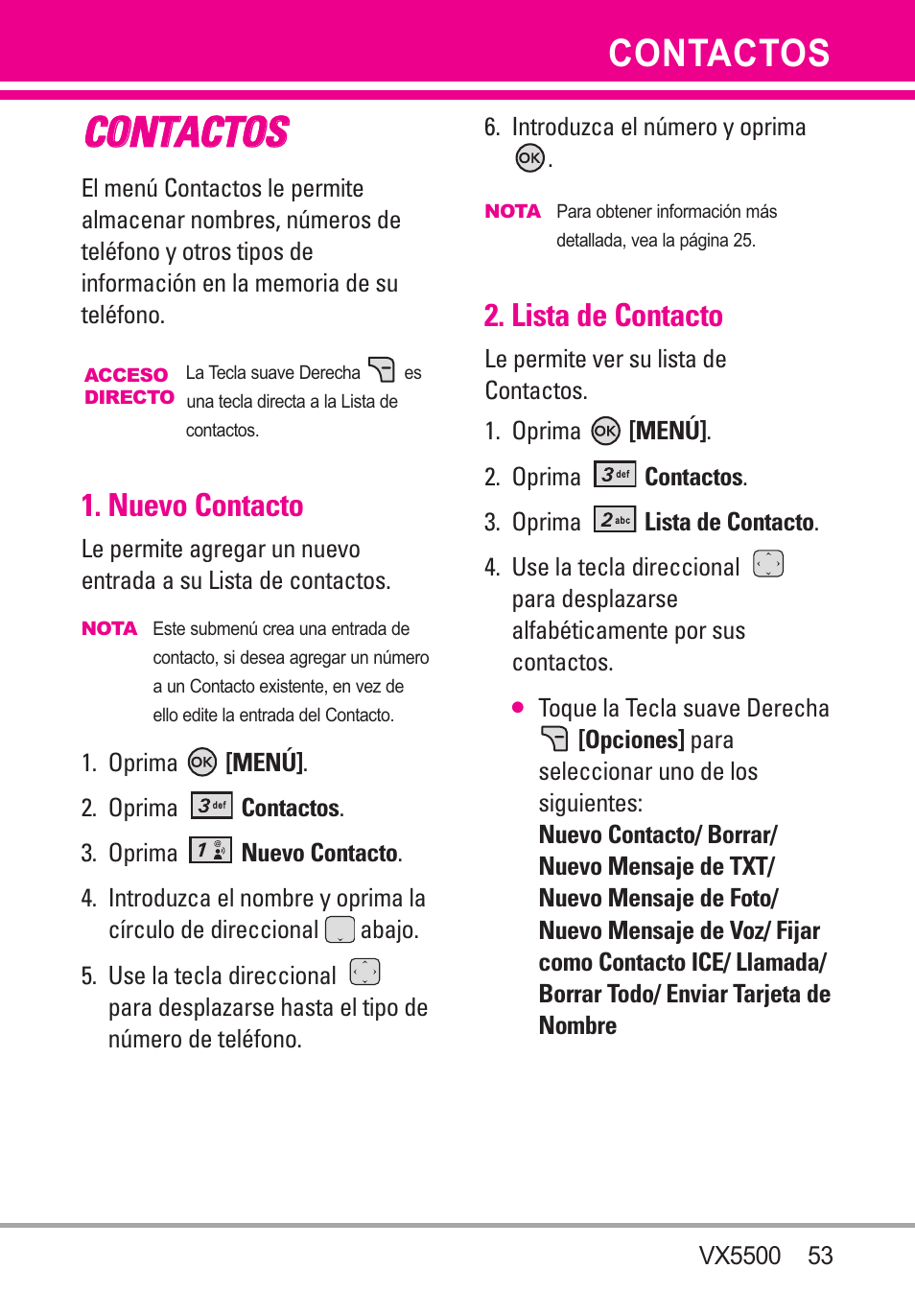 Contactos, Nuevo contacto, Lista de contacto | Cco on nt ta ac ct to os s | LG VX5500 User Manual | Page 172 / 252