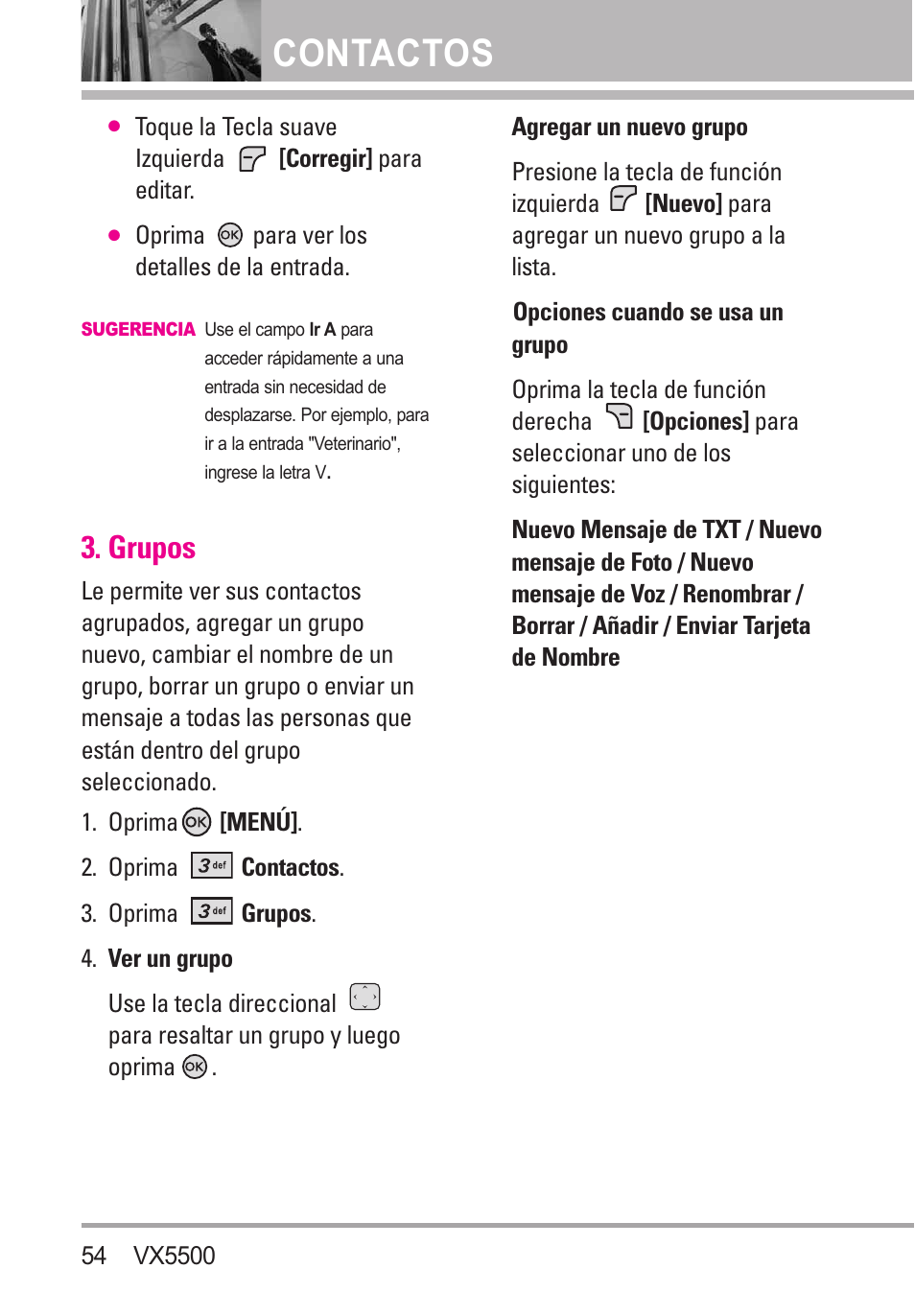 Grupos, Contactos | LG VX5500 User Manual | Page 173 / 252