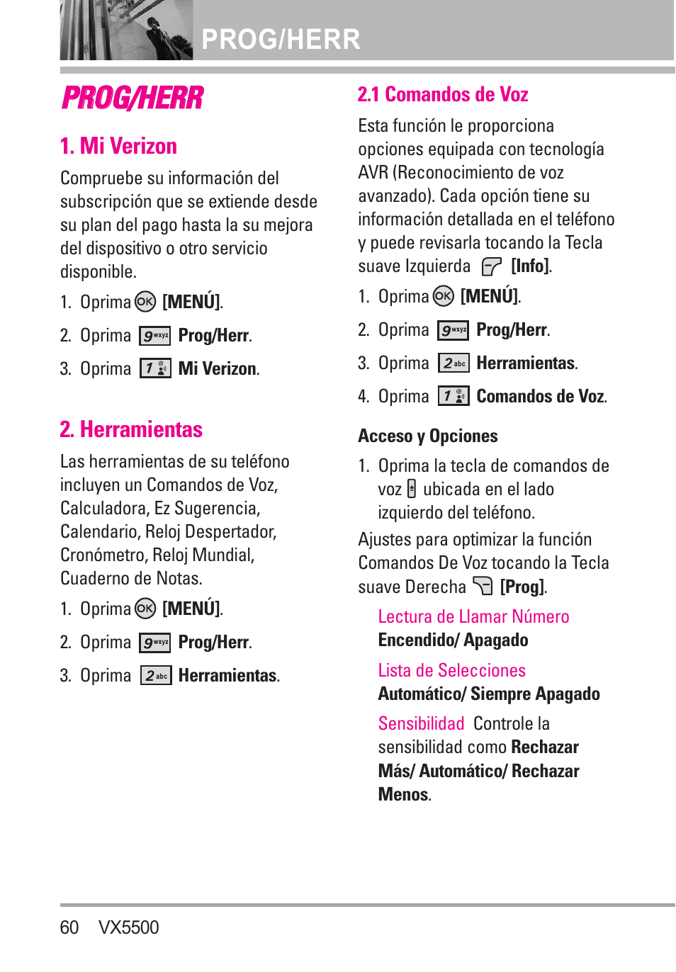 Prog/herr, Mi verizon, Herramientas | 1 comandos de voz, Ppr ro og g//h he er rr r | LG VX5500 User Manual | Page 179 / 252