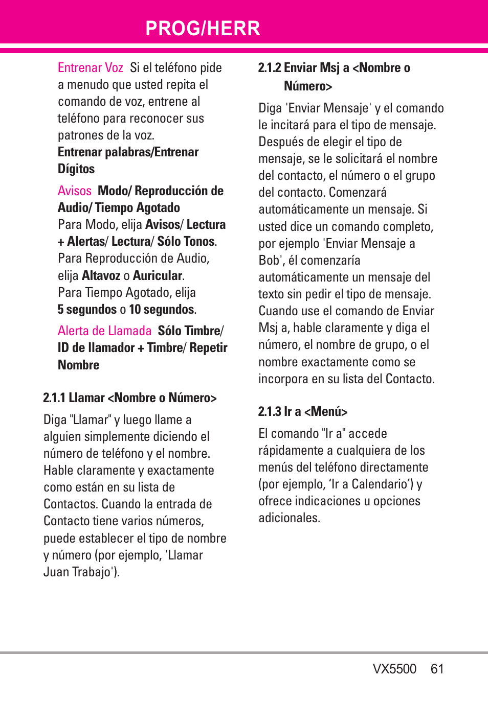 1 llamar <nombre o número, 2 enviar msj a <nombre, 3 ir a <menú | Prog/herr | LG VX5500 User Manual | Page 180 / 252