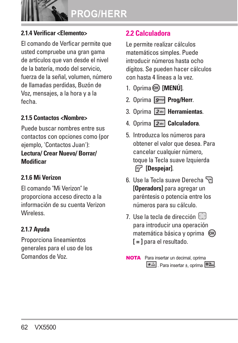 4 verificar <elemento, 5 contactos <nombre, 6 mi verizon | 7 ayuda, 2 calculadora, Prog/herr | LG VX5500 User Manual | Page 181 / 252
