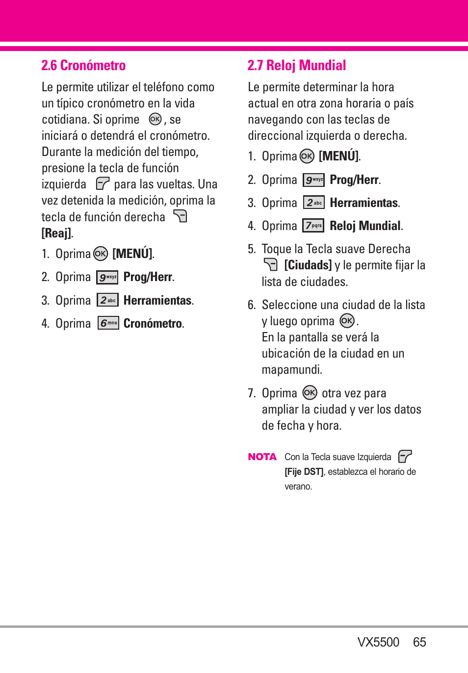 6 cronómetro, 7 reloj mundial | LG VX5500 User Manual | Page 184 / 252