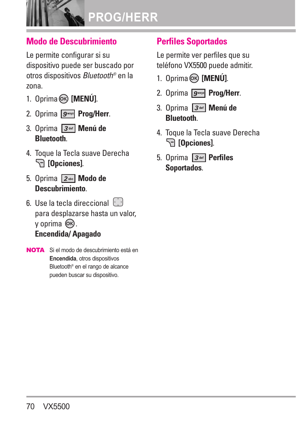 Modo de descubrimiento, Perfiles soportados, Prog/herr | LG VX5500 User Manual | Page 189 / 252