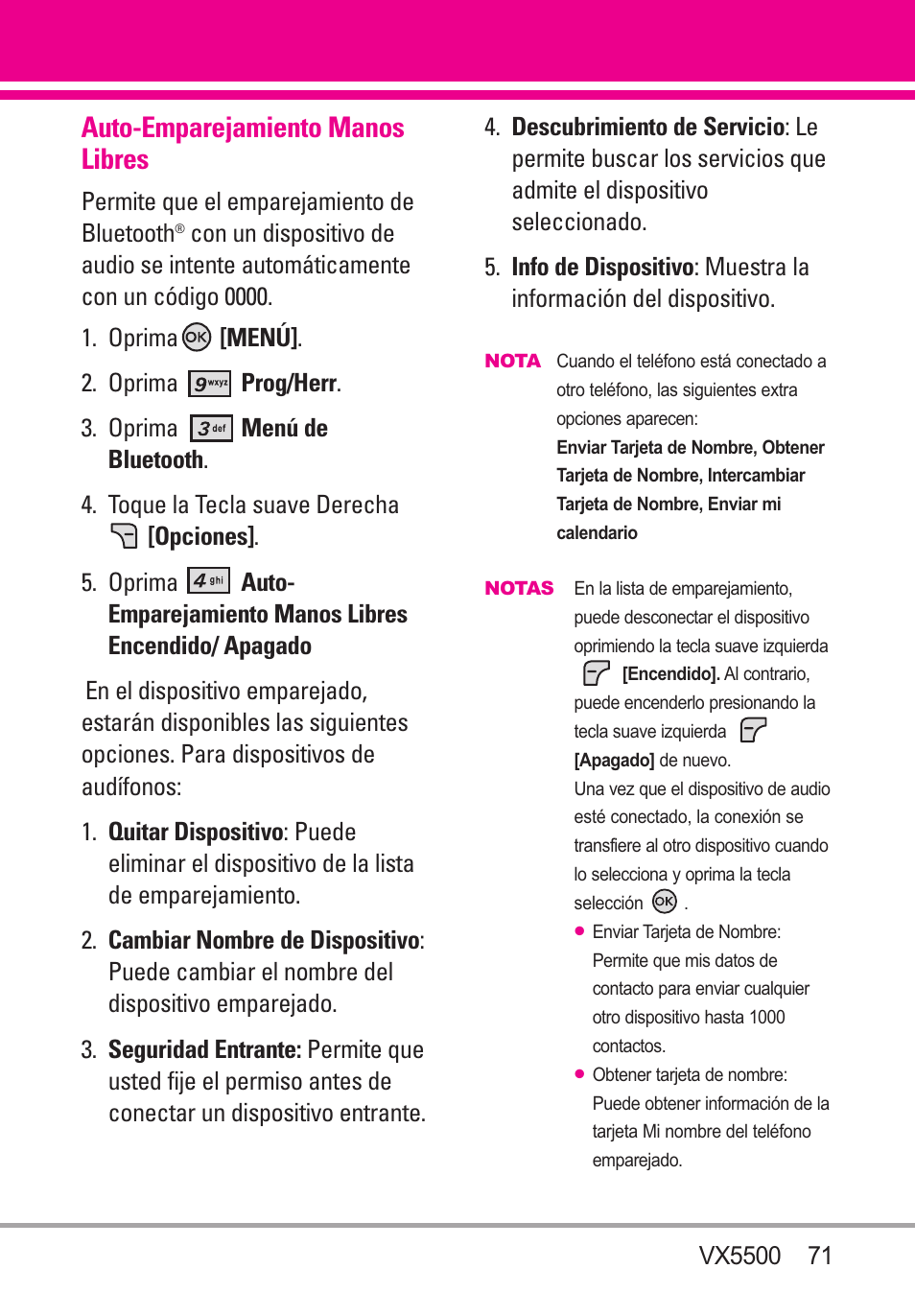 Auto-emparejamiento manos li, Auto-emparejamiento manos libres71, Auto-emparejamiento manos libres | LG VX5500 User Manual | Page 190 / 252