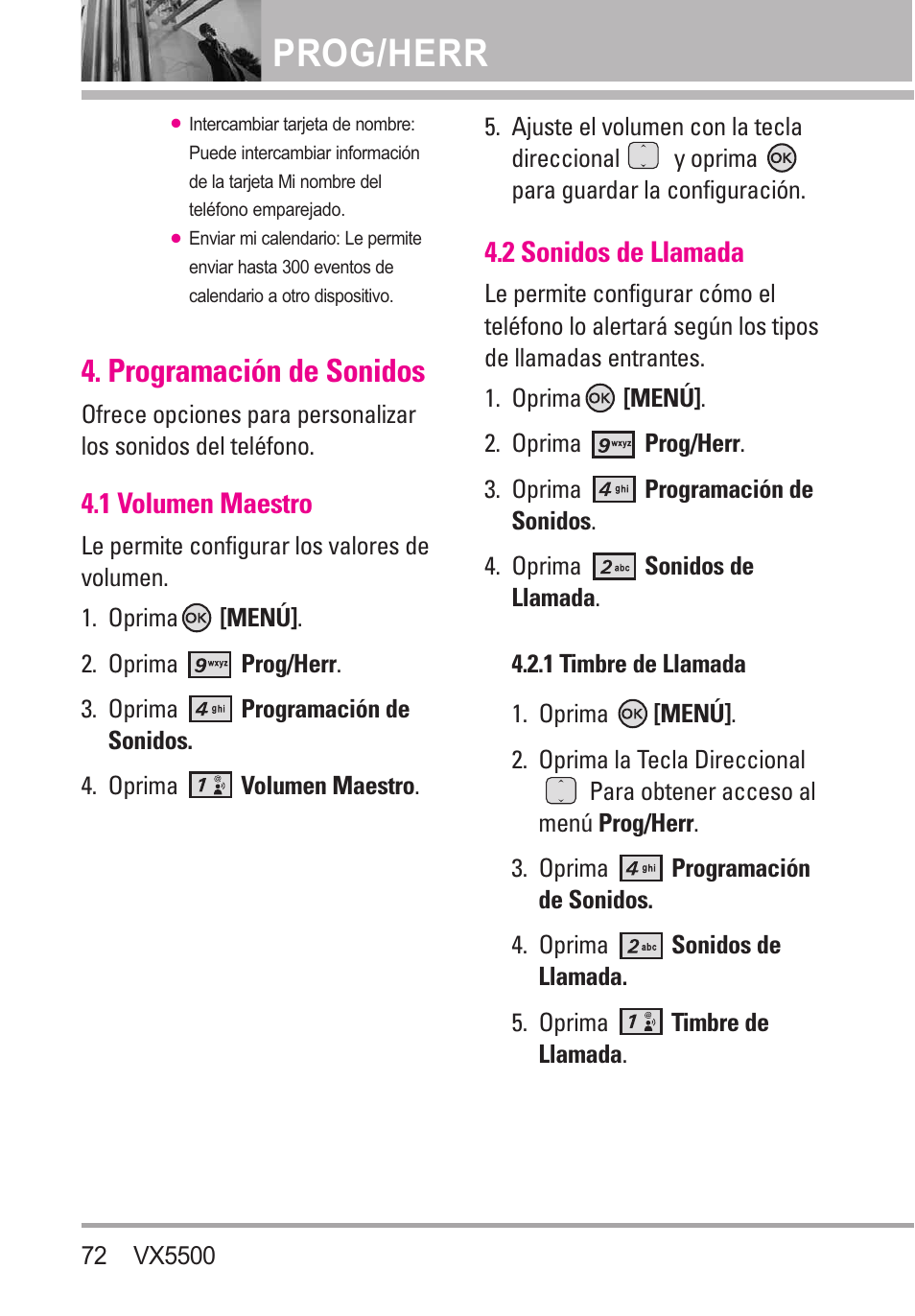 Programación de sonidos, 1 volumen maestro, 2 sonidos de llamada | 1 timbre de llamada, Prog/herr | LG VX5500 User Manual | Page 191 / 252