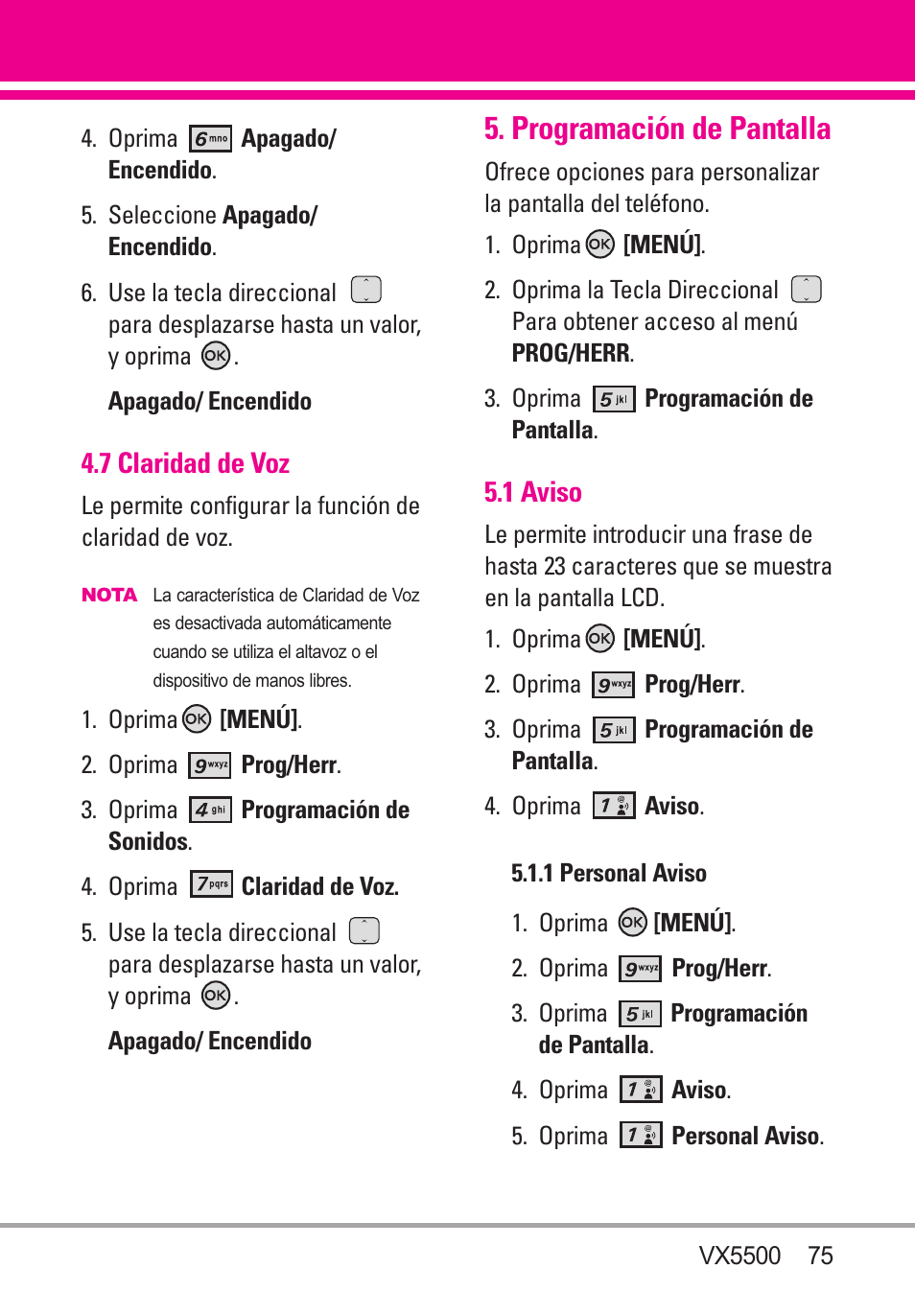 7 claridad de voz, Programación de pantalla, 1 aviso | 1 personal aviso | LG VX5500 User Manual | Page 194 / 252