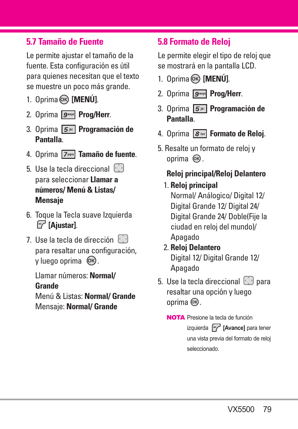 7 tamaño de fuente, 8 formato de reloj | LG VX5500 User Manual | Page 198 / 252