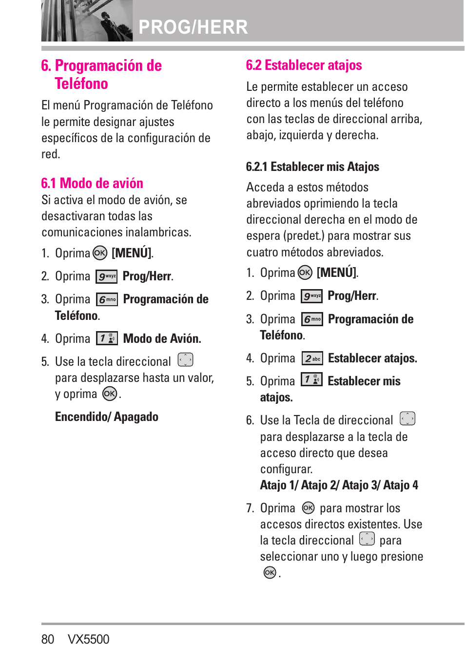 Programación de teléfono, 1 modo de avión, 2 establecer atajos | 1 establecer mis atajos, Prog/herr | LG VX5500 User Manual | Page 199 / 252