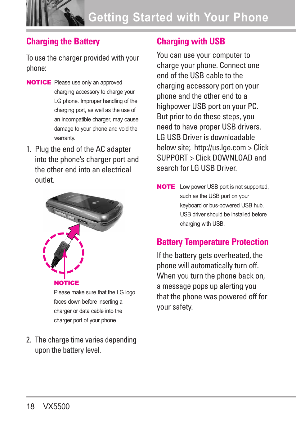 Getting started with your p, Charging the battery, Charging with usb | Battery temperature protection, Getting started with your phone | LG VX5500 User Manual | Page 20 / 252