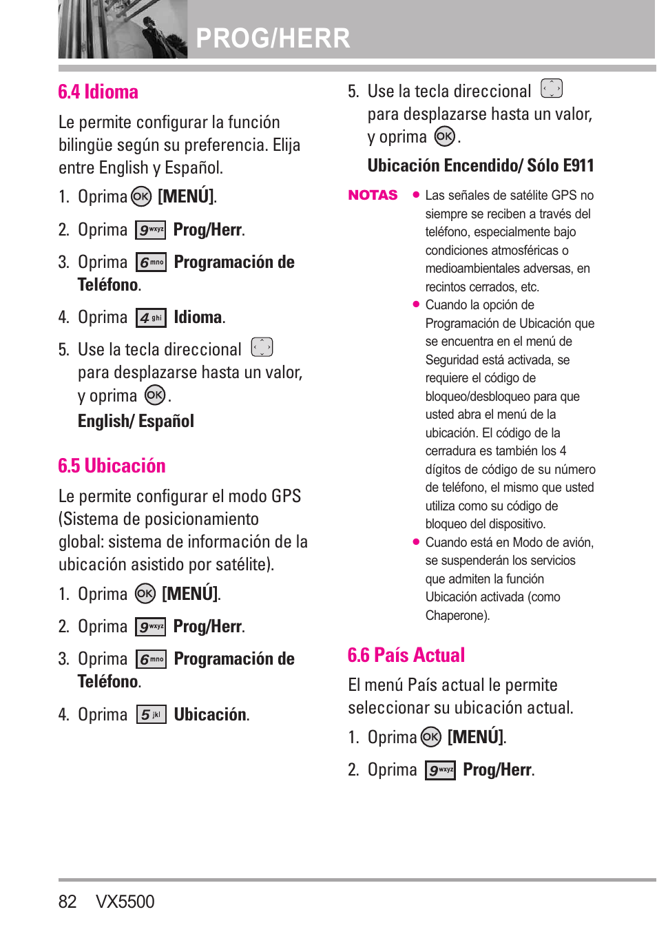 4 idioma, 5 ubicación, 6 país actual | Prog/herr | LG VX5500 User Manual | Page 201 / 252