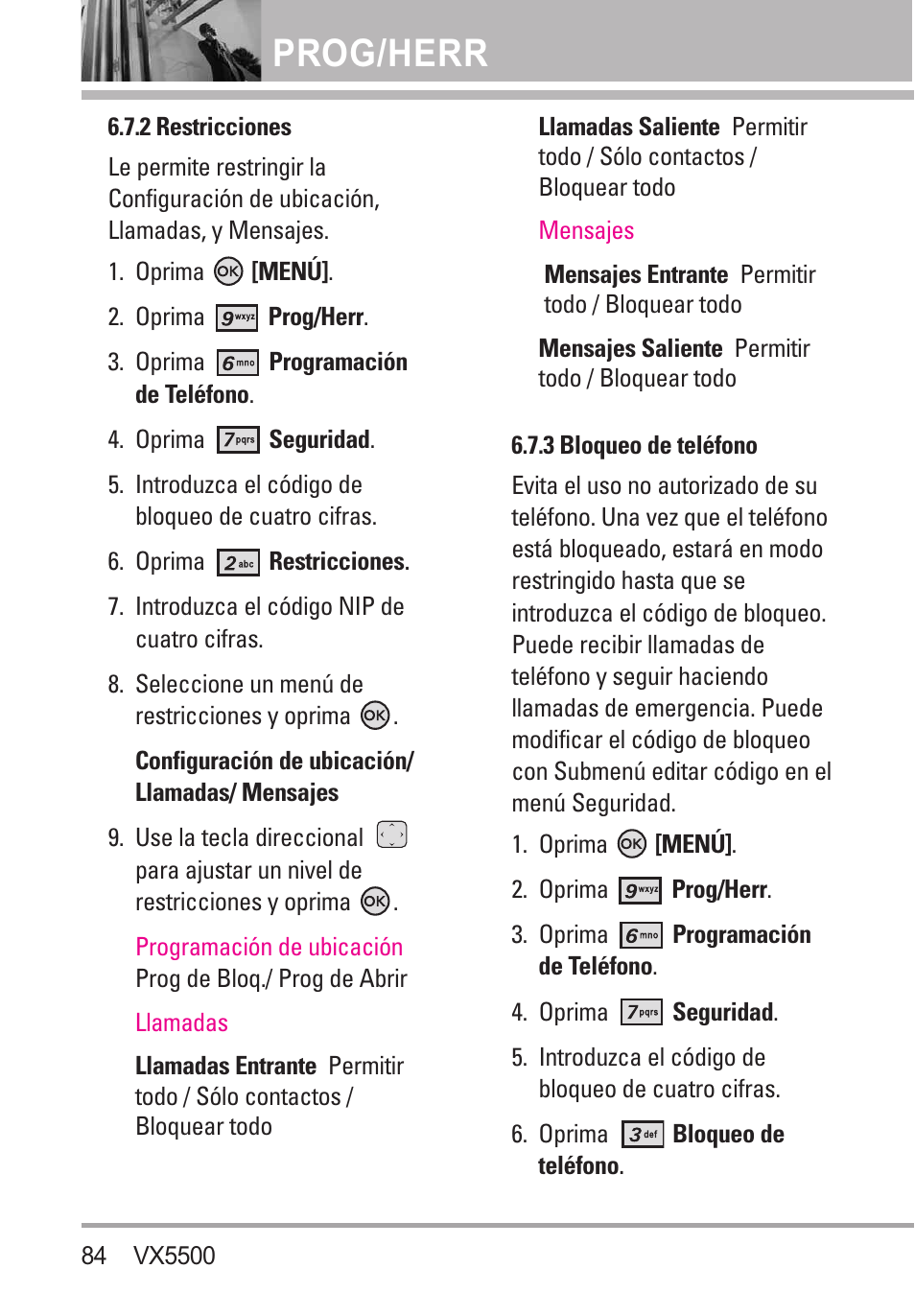 2 restricciones, 3 bloqueo de teléfono, 2 restricciones 6.7.3 bloqueo de teléfono | Prog/herr | LG VX5500 User Manual | Page 203 / 252