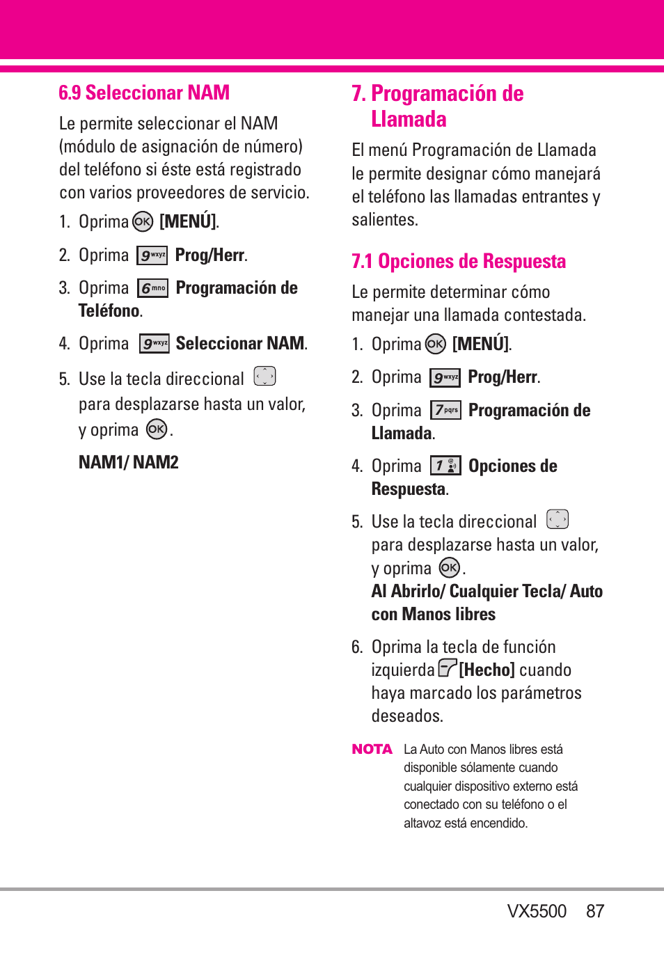 9 seleccionar nam, Programación de llamada, 1 opciones de respuesta | LG VX5500 User Manual | Page 206 / 252