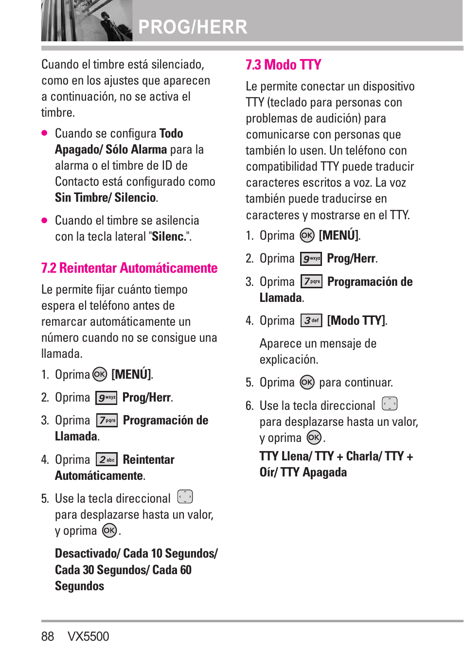 2 reintentar automáticamente, 3 modo tty, Prog/herr | LG VX5500 User Manual | Page 207 / 252