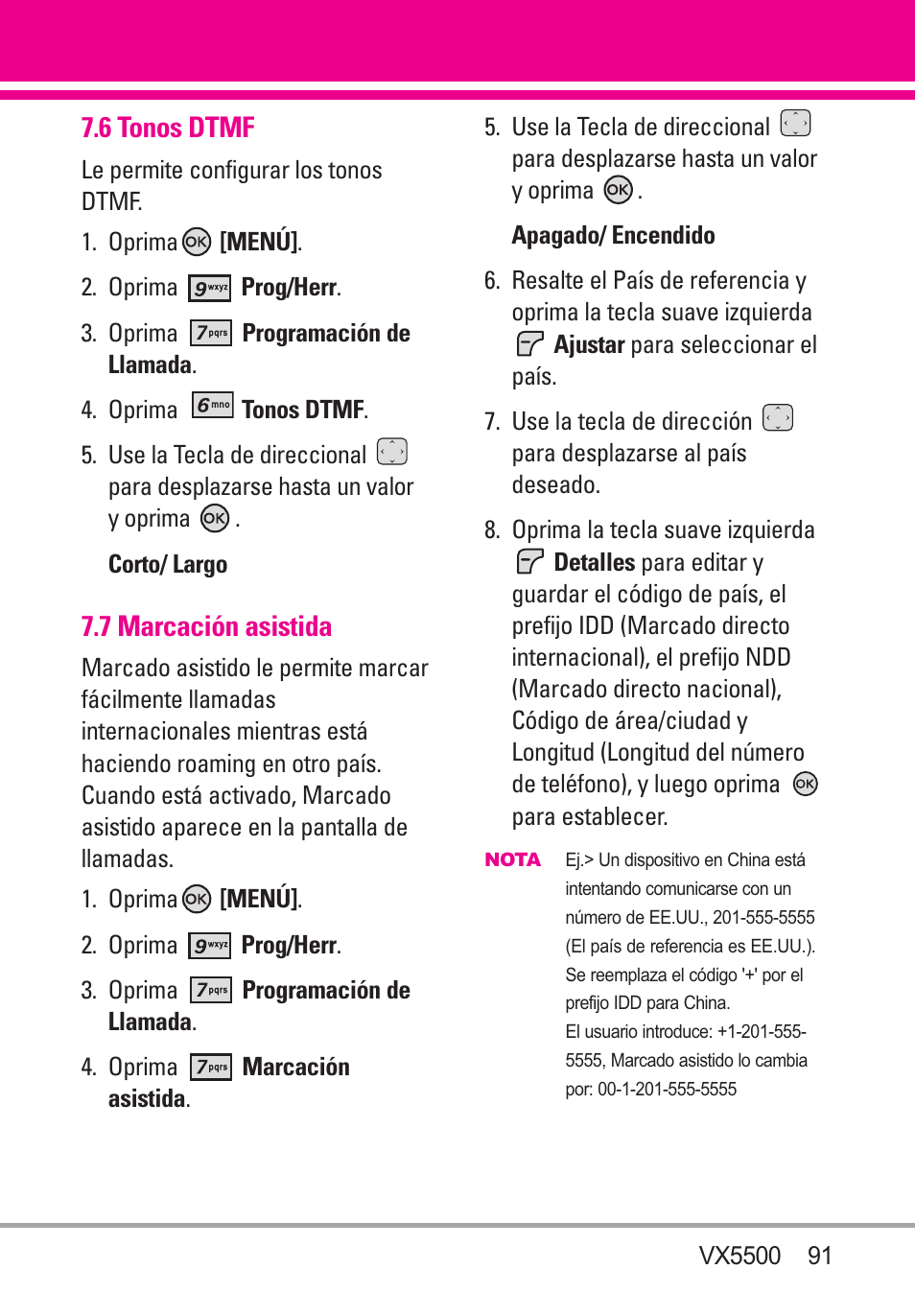 6 tonos dtmf, 7 marcación asistida | LG VX5500 User Manual | Page 210 / 252