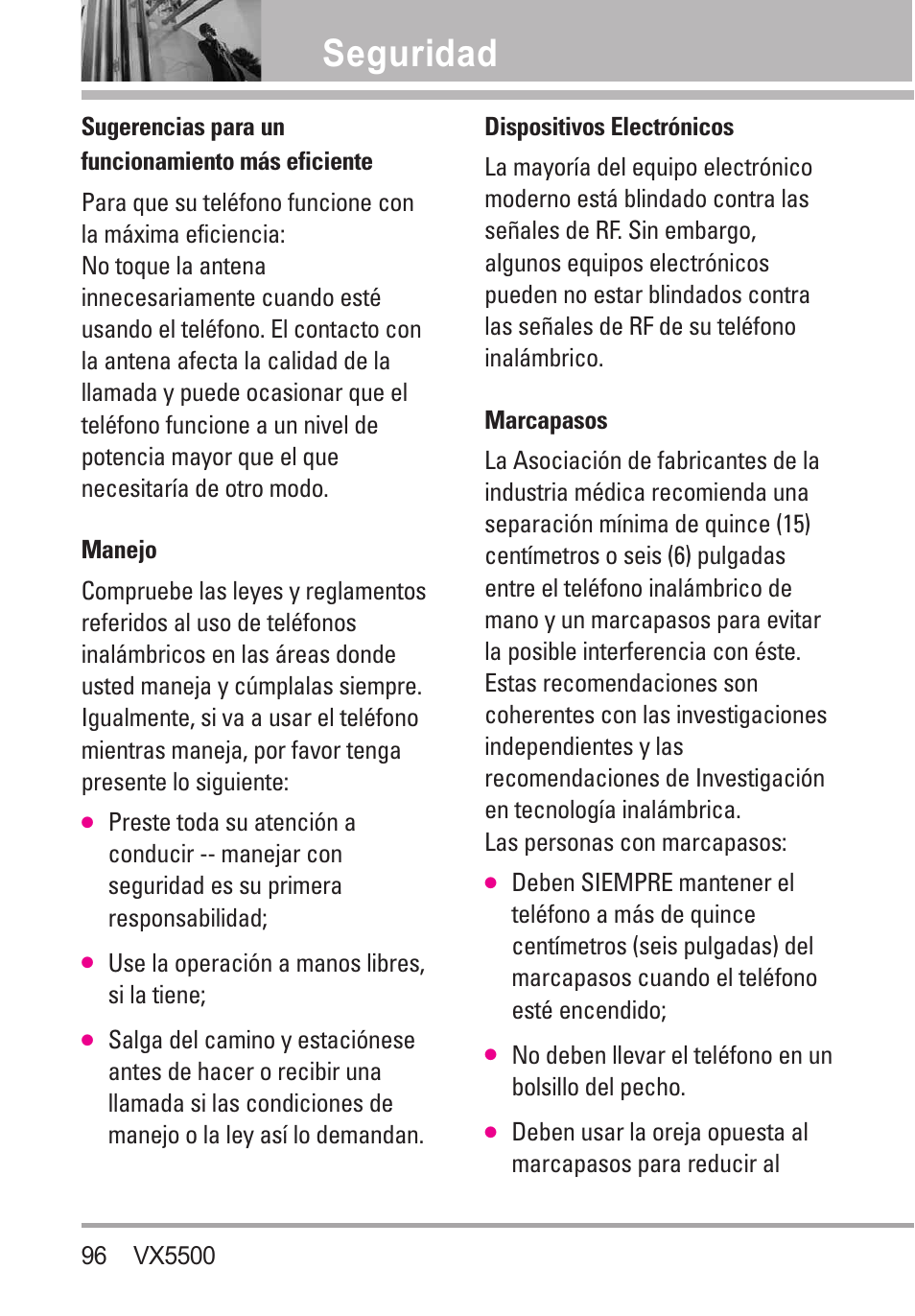 Sugerencias para un funciona, Manejo, Dispositivos electrónicos | Marcapasos, Seguridad | LG VX5500 User Manual | Page 215 / 252
