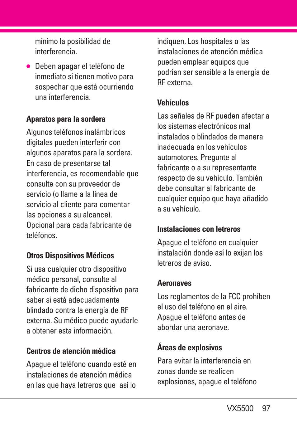 Aparatos para la sordera, Otros dispositivos médicos, Centros de atención médica | Vehículos, Instalaciones con letreros, Aeronaves, Áreas de explosivos | LG VX5500 User Manual | Page 216 / 252