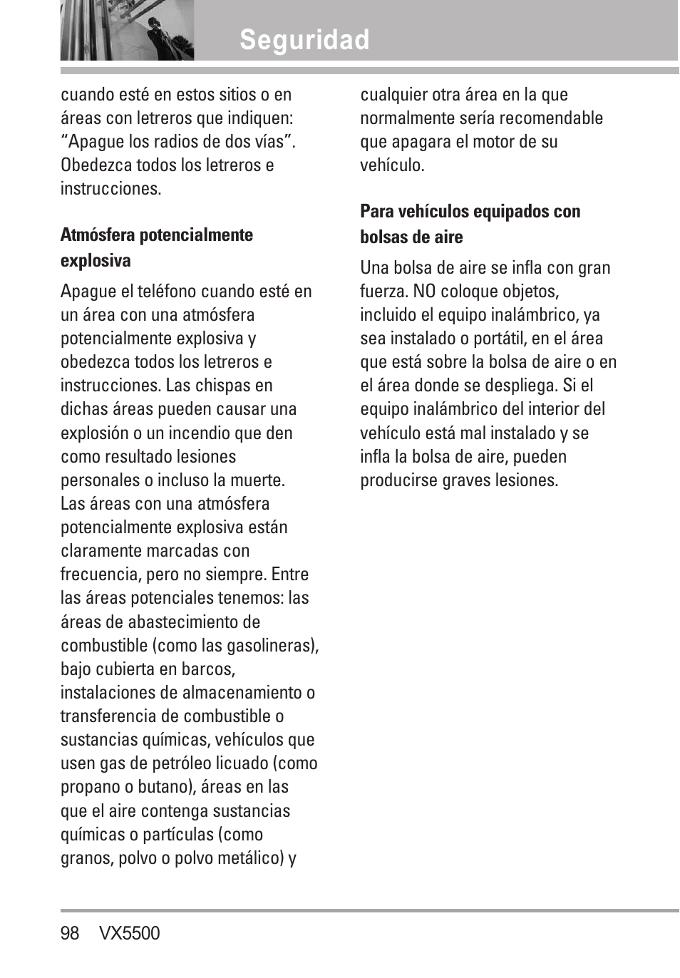 Atmósfera potencialmente ex, Para vehículos equipados con, Seguridad | LG VX5500 User Manual | Page 217 / 252