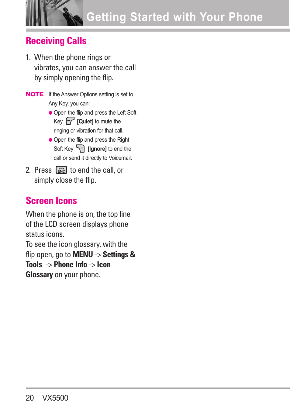 Receiving calls, Screen icons, Getting started with your phone | LG VX5500 User Manual | Page 22 / 252