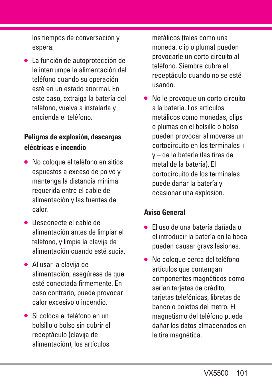 Peligros de explosión, desca, Aviso general | LG VX5500 User Manual | Page 220 / 252