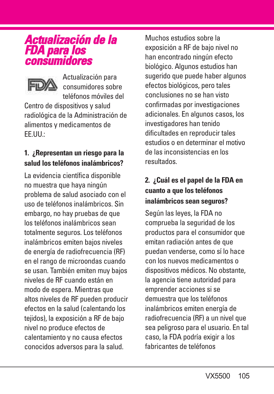 Actualización de la fda para, Actualización de la fda para los consumidores | LG VX5500 User Manual | Page 224 / 252