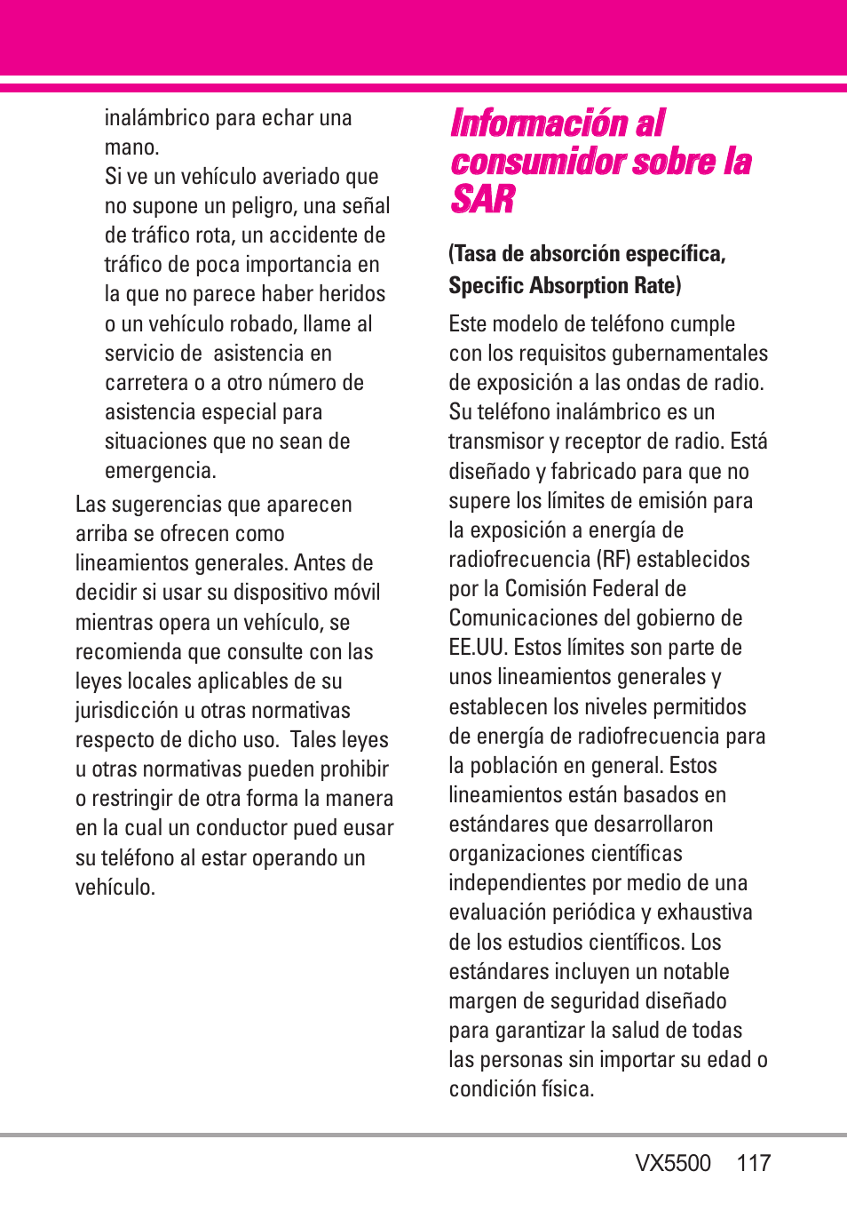 Información al consumidor so, Información al consumidor sobre la sar | LG VX5500 User Manual | Page 236 / 252