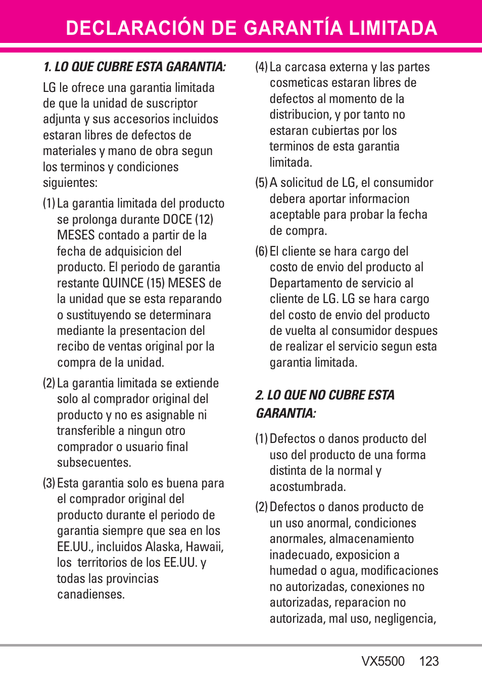 Declaración de garantía limi, Declaración de garantía limitada | LG VX5500 User Manual | Page 242 / 252