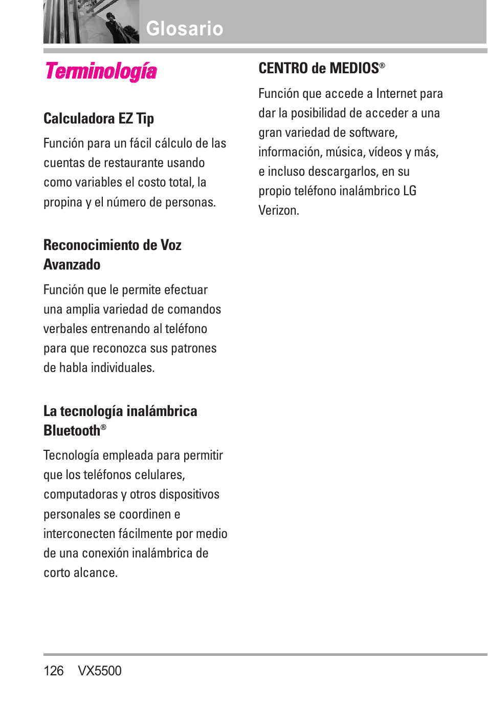 Glosario, Terminología, Tte errm miin no ollo og gíía a | LG VX5500 User Manual | Page 245 / 252