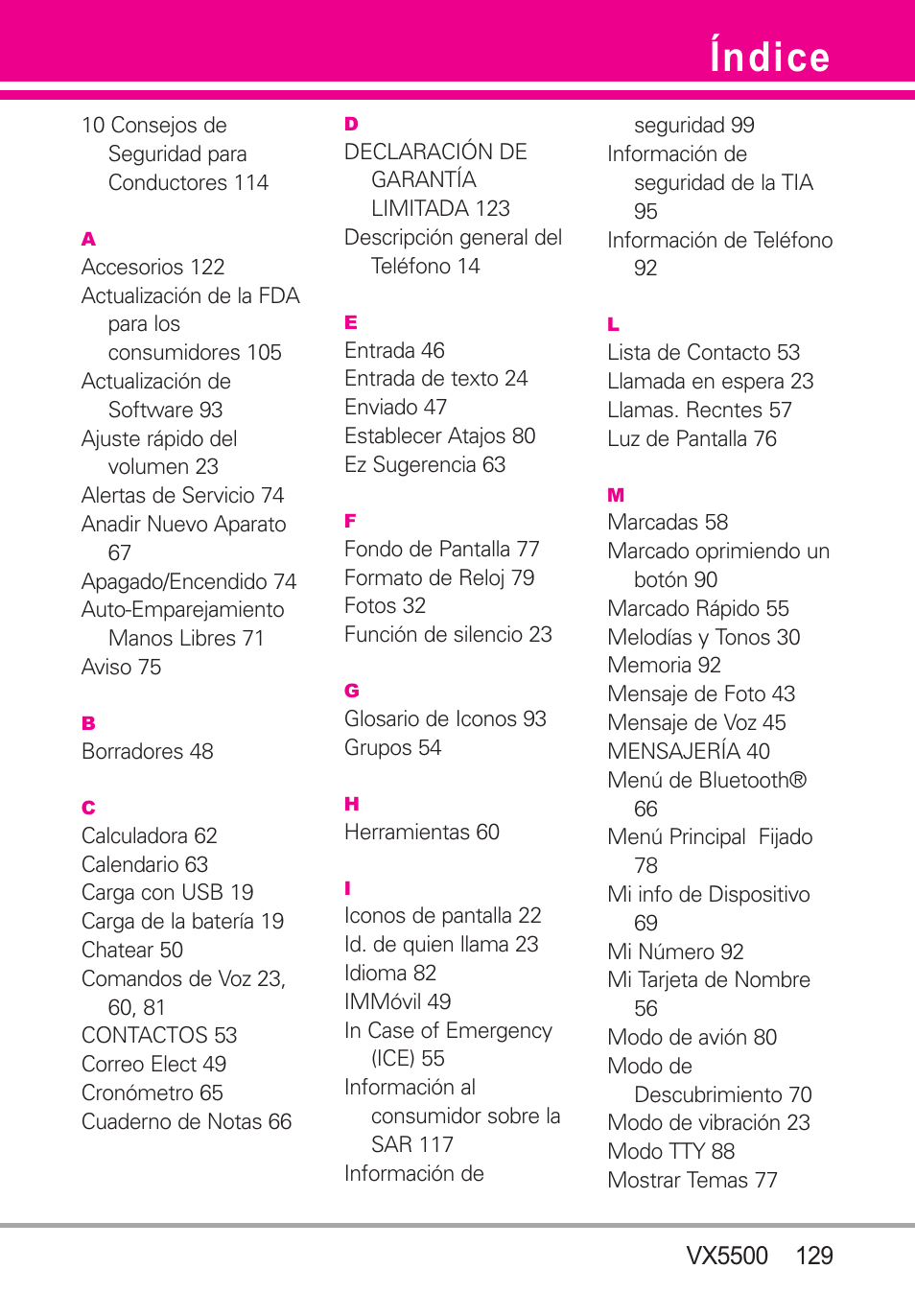 Índice | LG VX5500 User Manual | Page 248 / 252