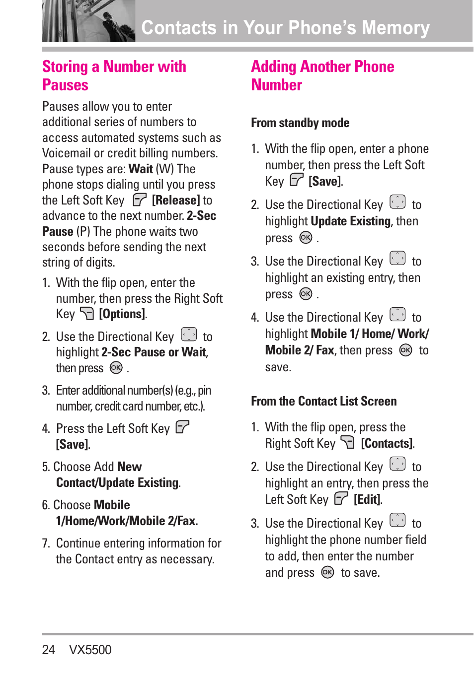 Storing a number with pauses, Adding another phone number | LG VX5500 User Manual | Page 26 / 252