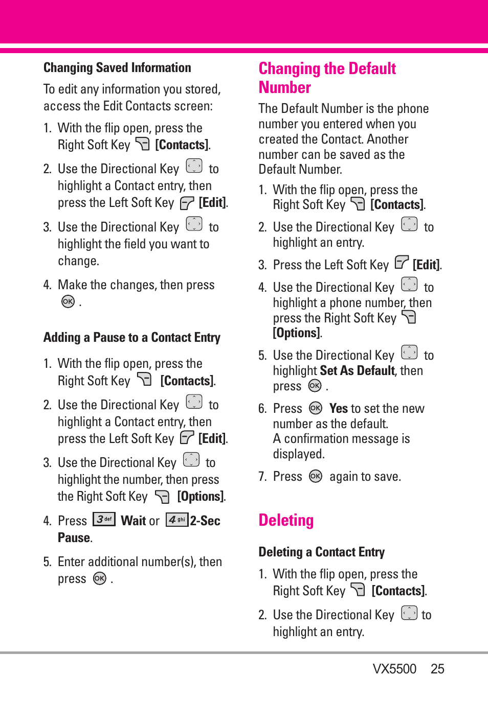 Changing the default number, Deleting | LG VX5500 User Manual | Page 27 / 252