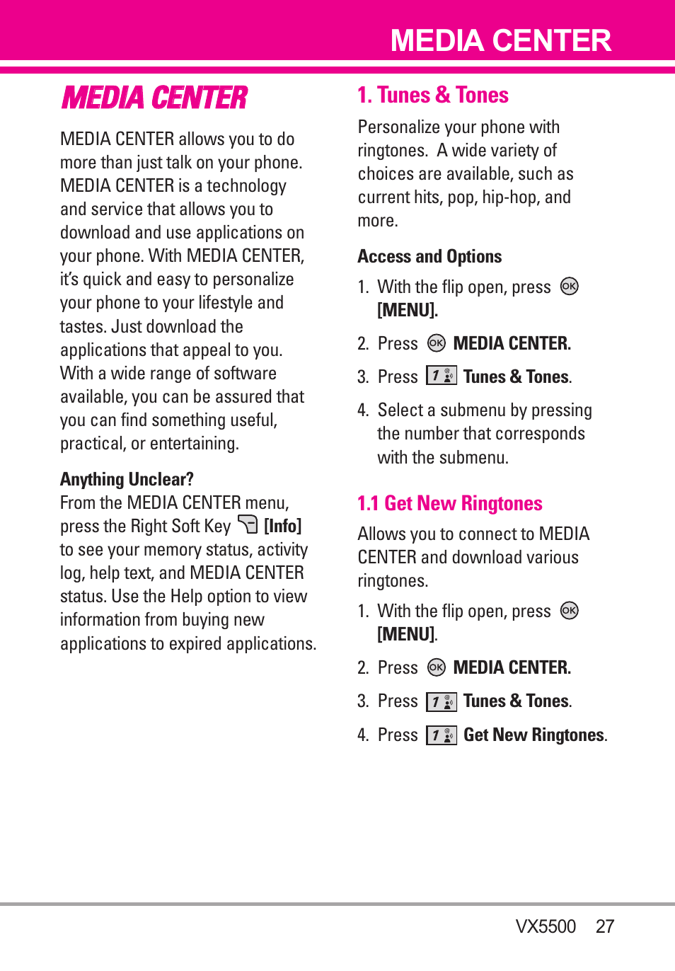 Media center, Tunes & tones, 1 get new ringtones | Mme ed diia a c ce en nt te er r | LG VX5500 User Manual | Page 29 / 252