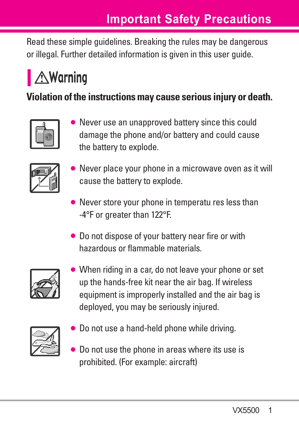 Important safety precautions | LG VX5500 User Manual | Page 3 / 252