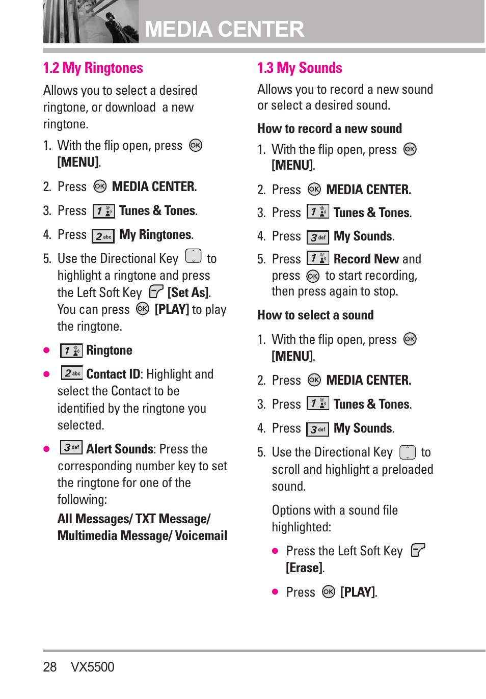 2 my ringtones, 3 my sounds, Media center | LG VX5500 User Manual | Page 30 / 252