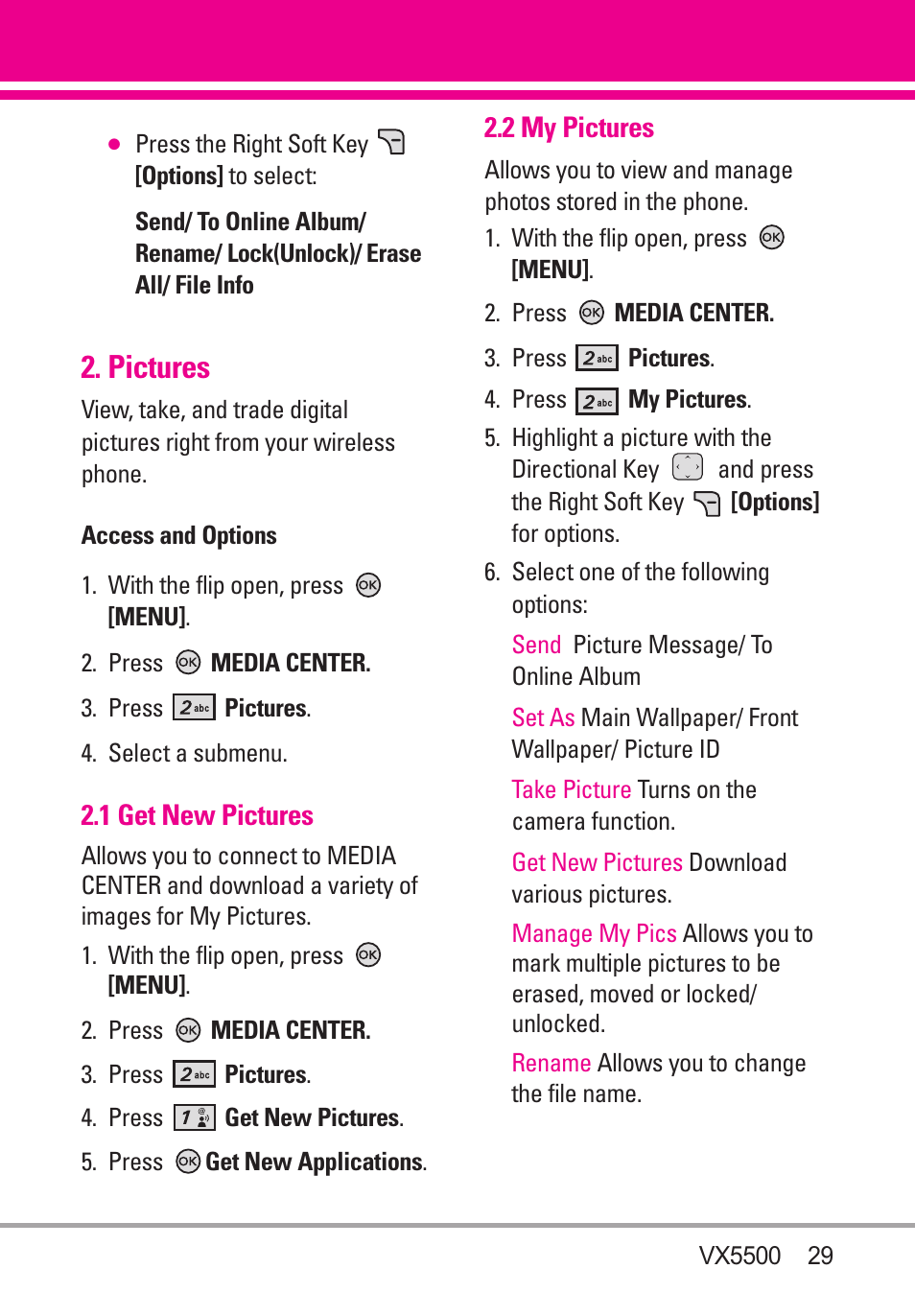 Pictures, 1 get new pictures, 2 my pictures | LG VX5500 User Manual | Page 31 / 252