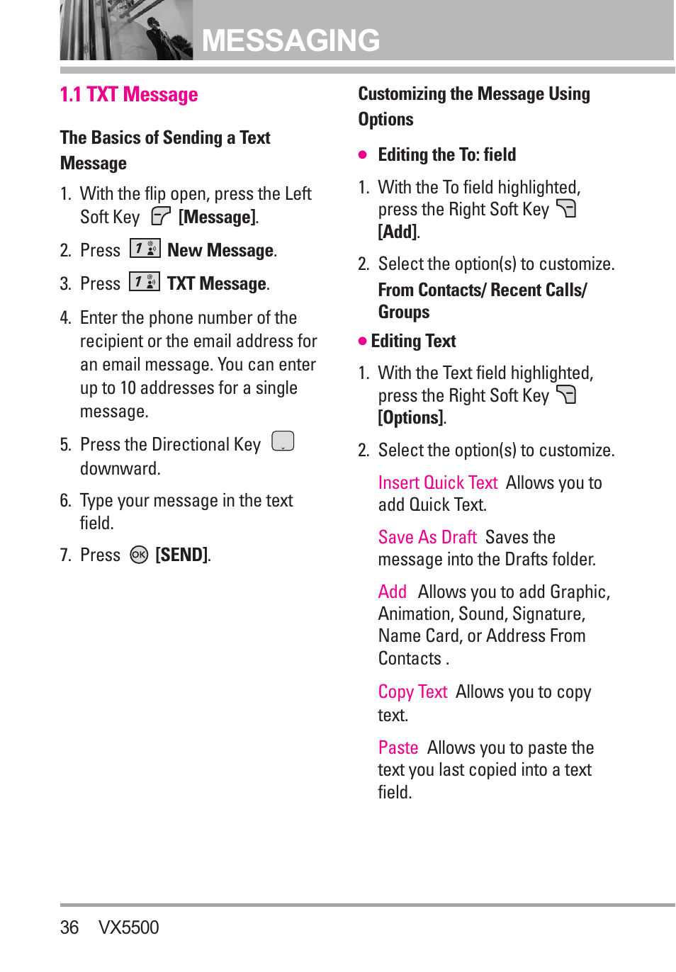 1 txt message, Messaging | LG VX5500 User Manual | Page 38 / 252