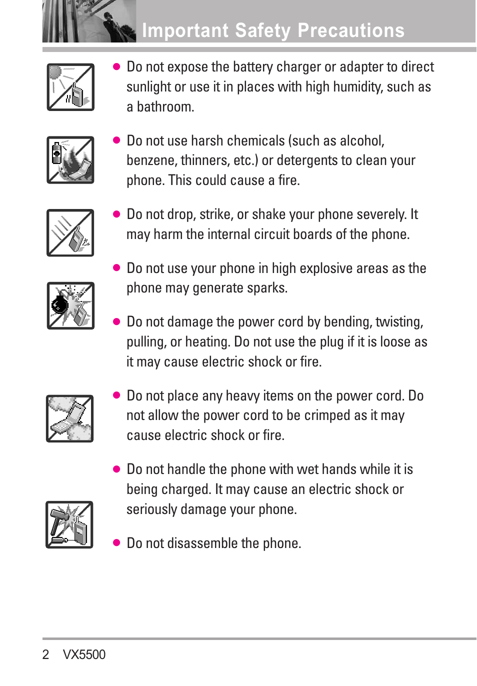 Important safety precautions, Do not disassemble the phone | LG VX5500 User Manual | Page 4 / 252