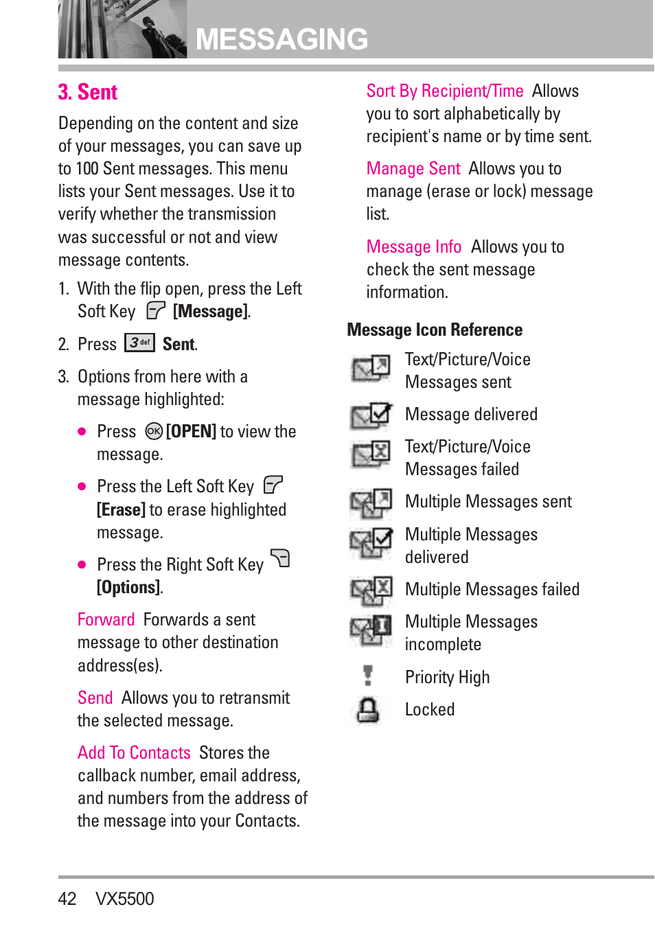 Sent, Messaging | LG VX5500 User Manual | Page 44 / 252