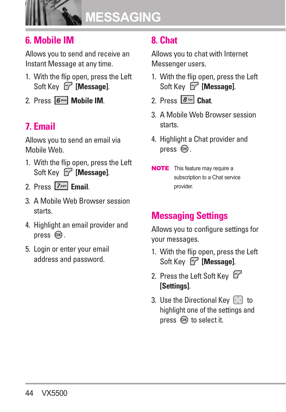 Mobile im, Email, Chat | Messaging settings, Messaging | LG VX5500 User Manual | Page 46 / 252