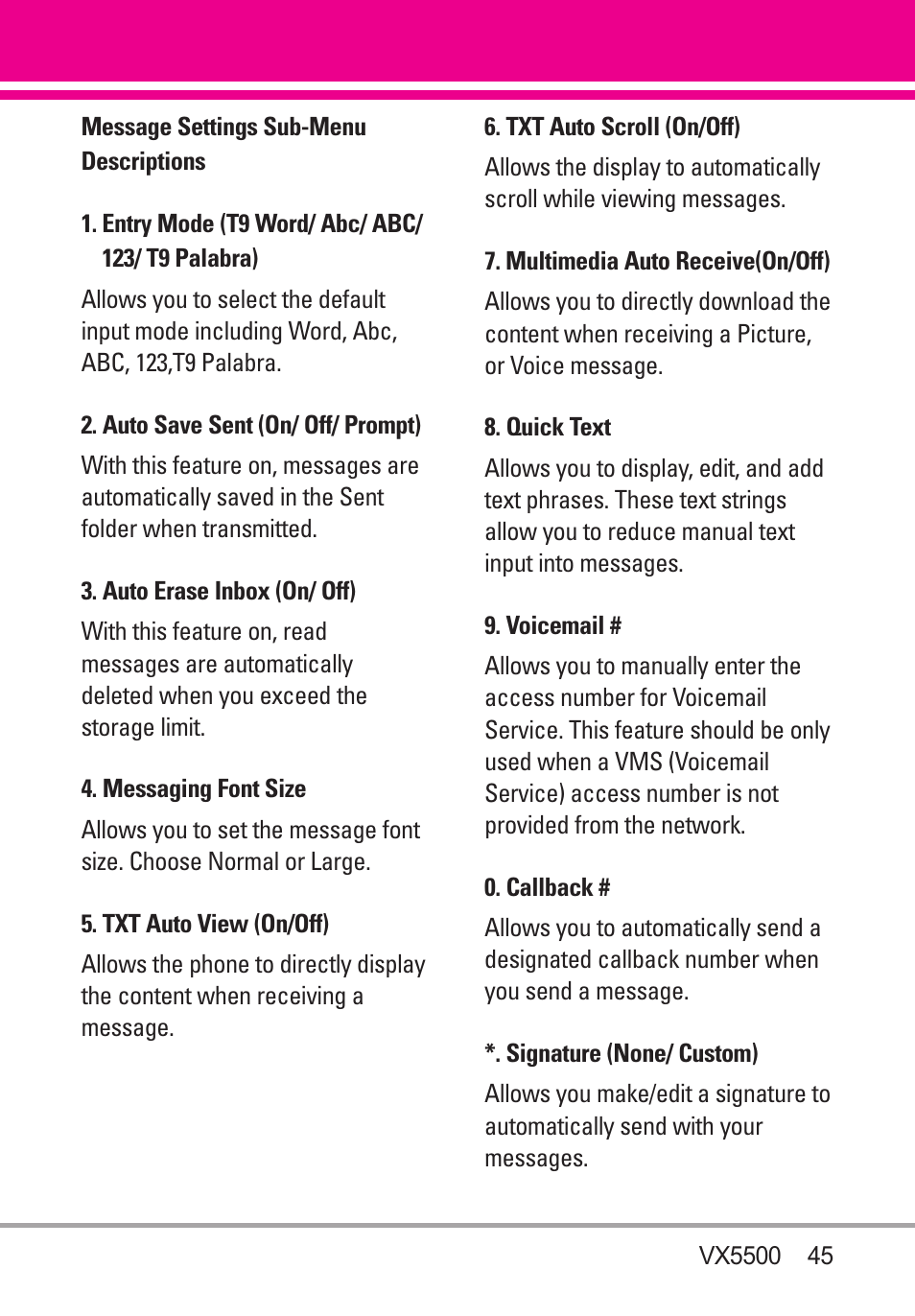 Entry mode (t9 word/ abc, Auto save sent (on/ off, Auto erase inbox (on/ off) | Messaging font size, Txt auto view (on/off), Txt auto scroll (on/off), Multimedia auto receive, Quick text, Voicemail, Callback | LG VX5500 User Manual | Page 47 / 252