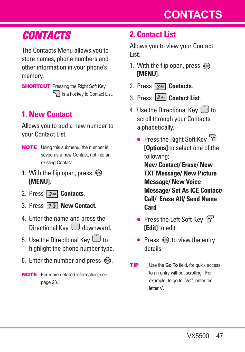 Contacts, New contact, Contact list | Contacts c co on nt ta ac ct ts s | LG VX5500 User Manual | Page 49 / 252