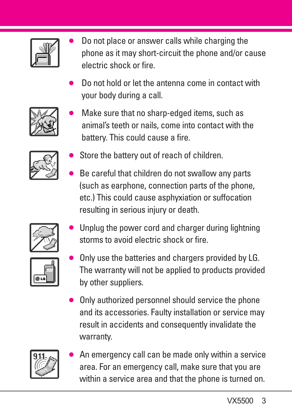 Store the battery out of reach of children | LG VX5500 User Manual | Page 5 / 252