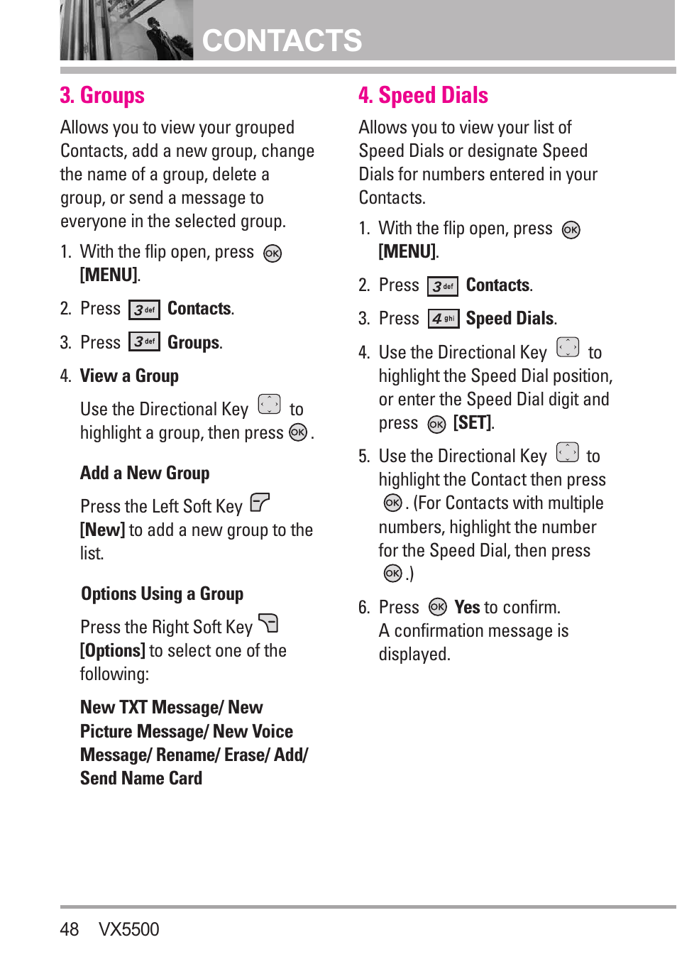 Groups, Speed dials, Contacts | LG VX5500 User Manual | Page 50 / 252