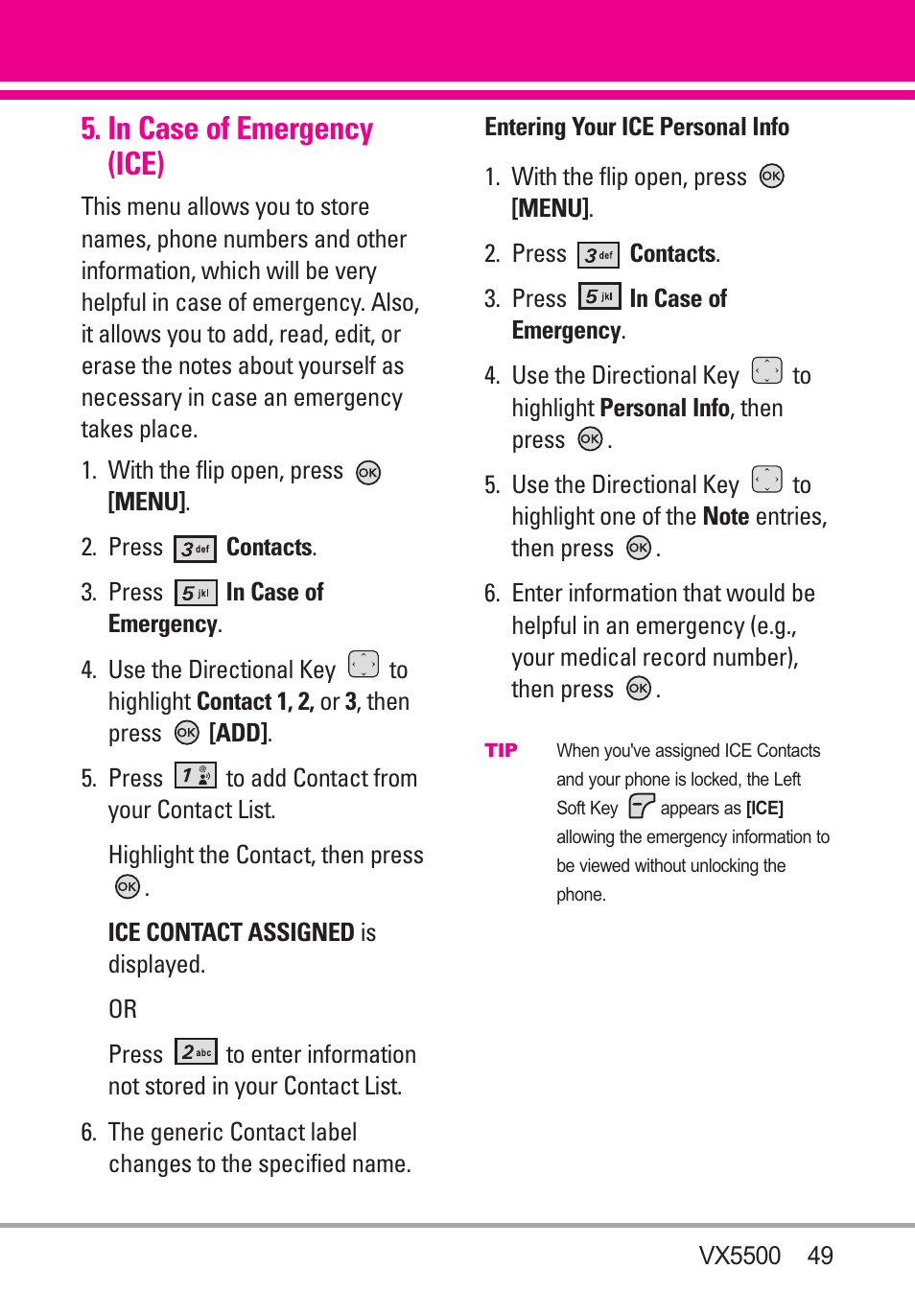 In case of emergency (ice) | LG VX5500 User Manual | Page 51 / 252