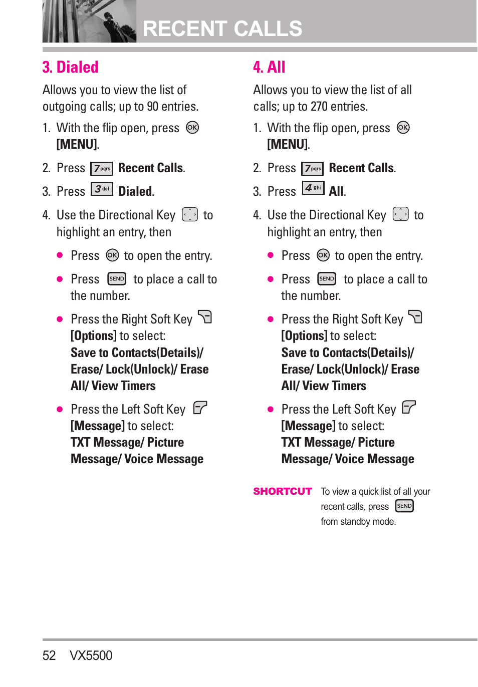 Dialed, Recent calls | LG VX5500 User Manual | Page 54 / 252