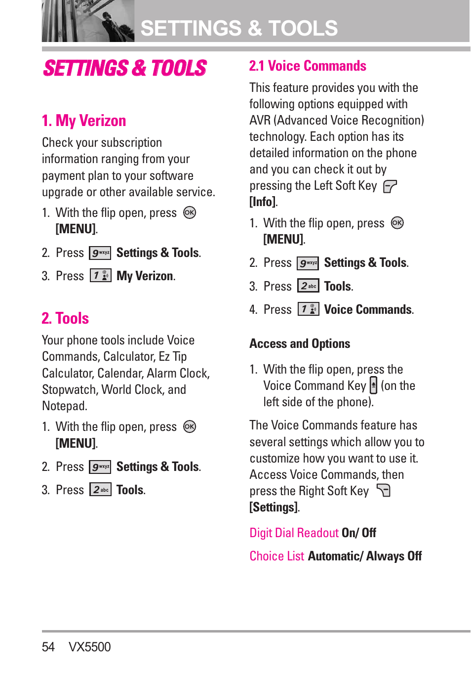 Settings & tools, My verizon, Tools | 1 voice commands, Sse et tt tiin ng gs s & & t to oo olls s | LG VX5500 User Manual | Page 56 / 252