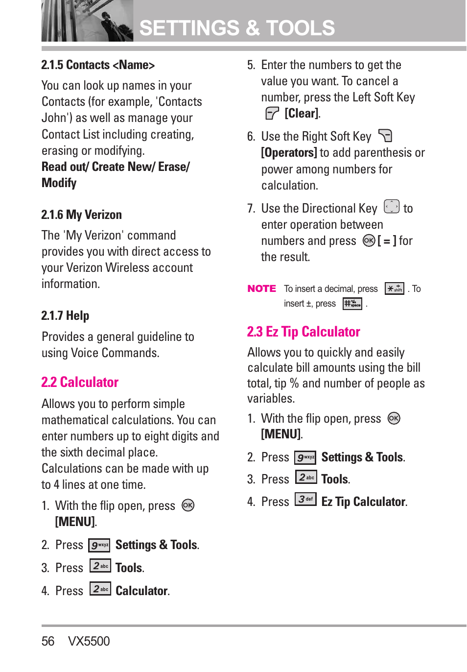 5 contacts <name, 6 my verizon, 7 help | 2 calculator, 3 ez tip calculator, Settings & tools | LG VX5500 User Manual | Page 58 / 252